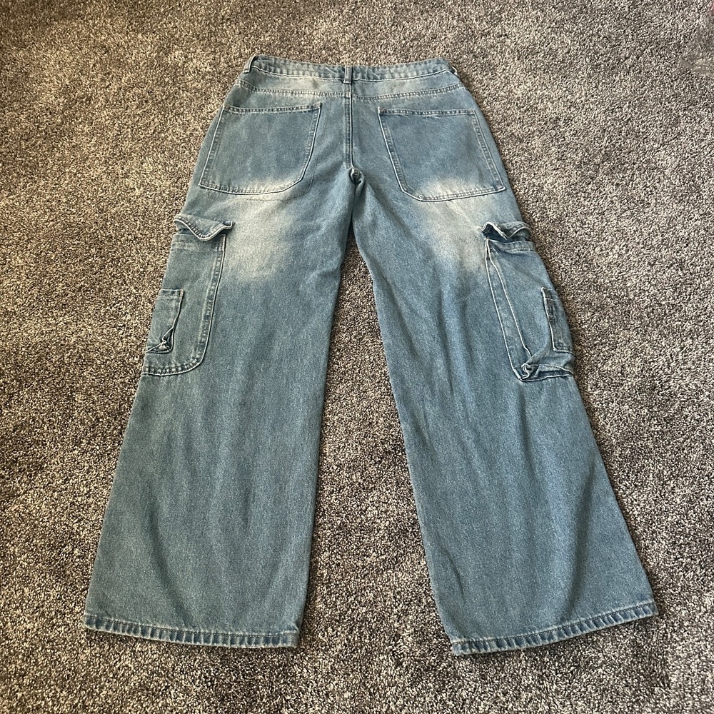 Edikted Denim Cargo Jeans Womens Medium Blue‎ Wide Leg Utility Pockets Y2K 2000s - Picture 14 of 16